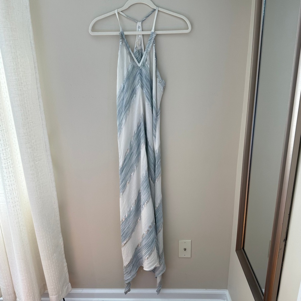 Ramy Brook Blue White Chevron Sequin Metallic Trim Halter Maxi Dress XS/XP